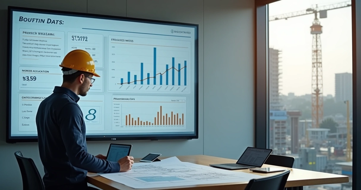 Painel digital de obra com dados e engenheiro analisando planta 
