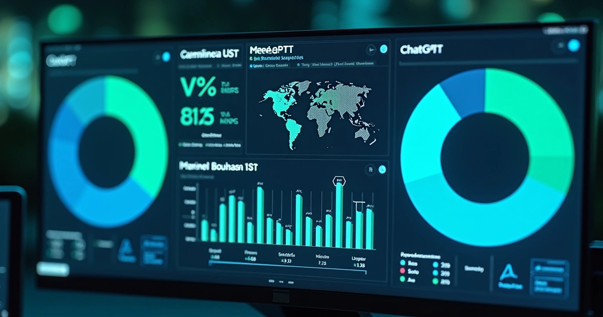 Plataformas de IA como ChatGPT, Gemini e Perplexity em um painel digital destacando suas fatias de tráfego 