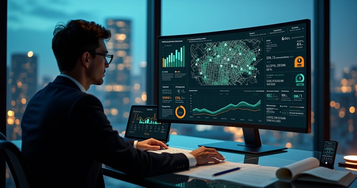 Painel de IA com gráficos preditivos sobre contratos de imóveis em tela ampla 