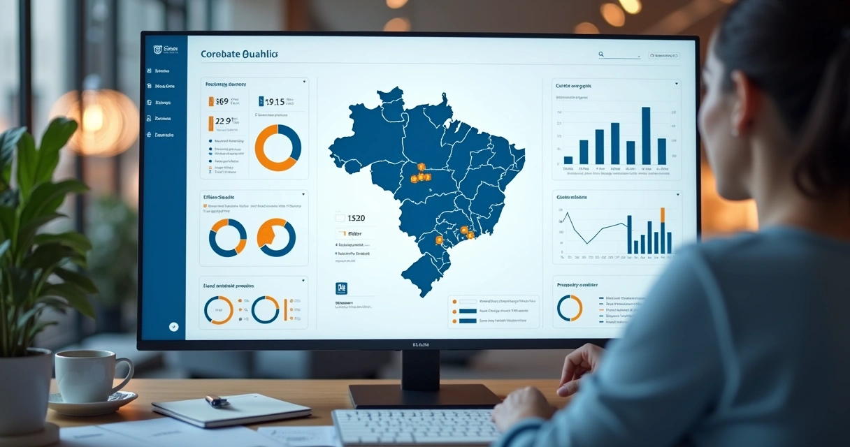 Painel de dados B2B com mapa, gráficos e pontuação de leads
