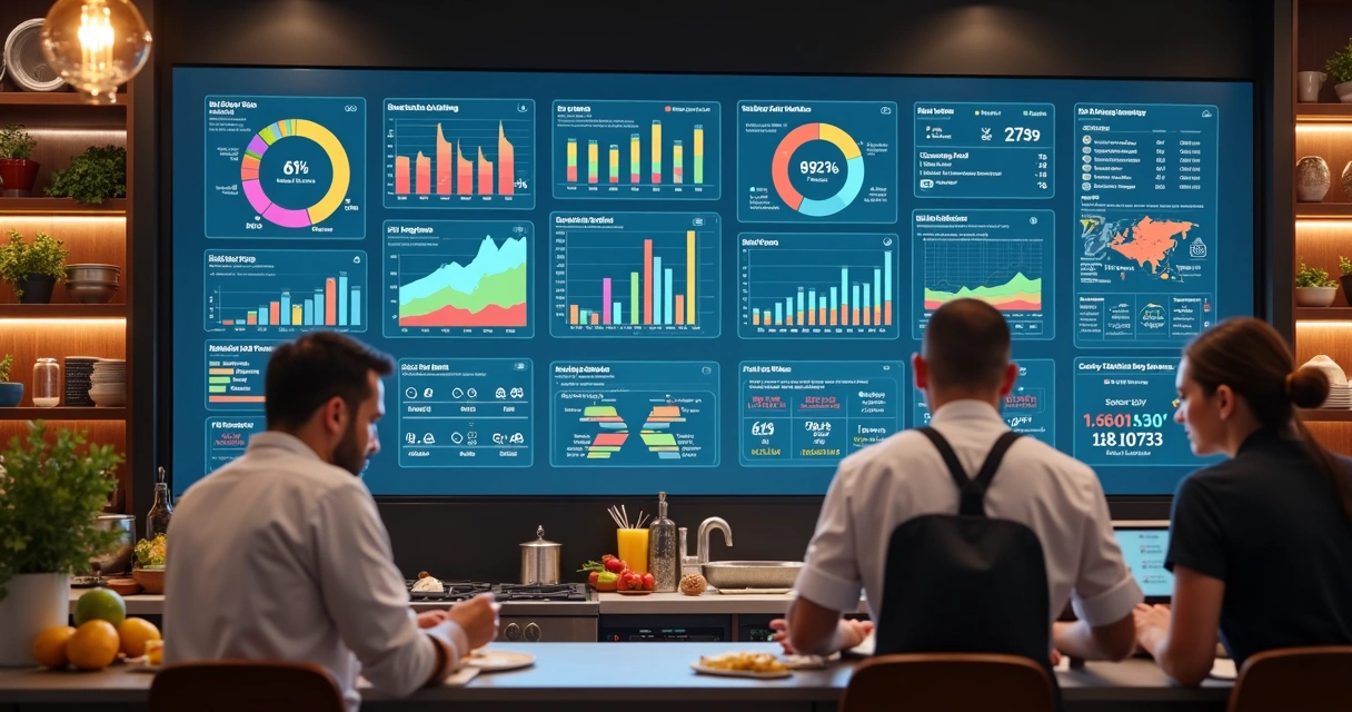 Painel digital de IA mostrando relatórios de vendas em restaurante moderno 
