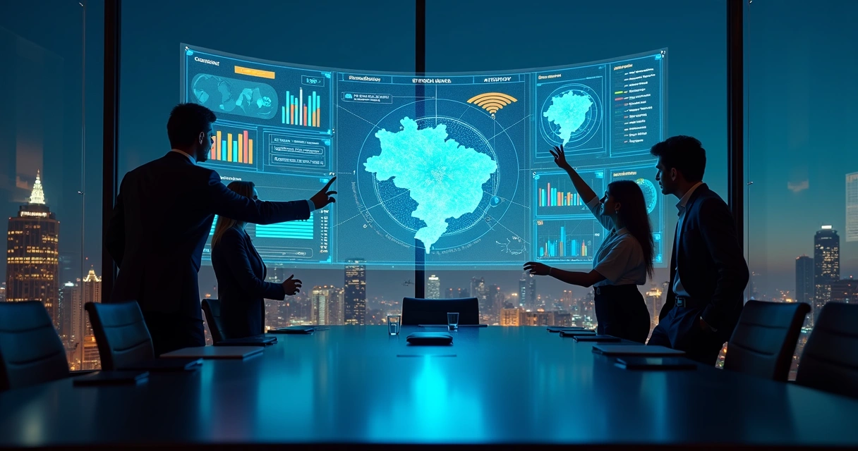 Profissionais tributaristas analisando painel digital de soluções fiscais com IA 