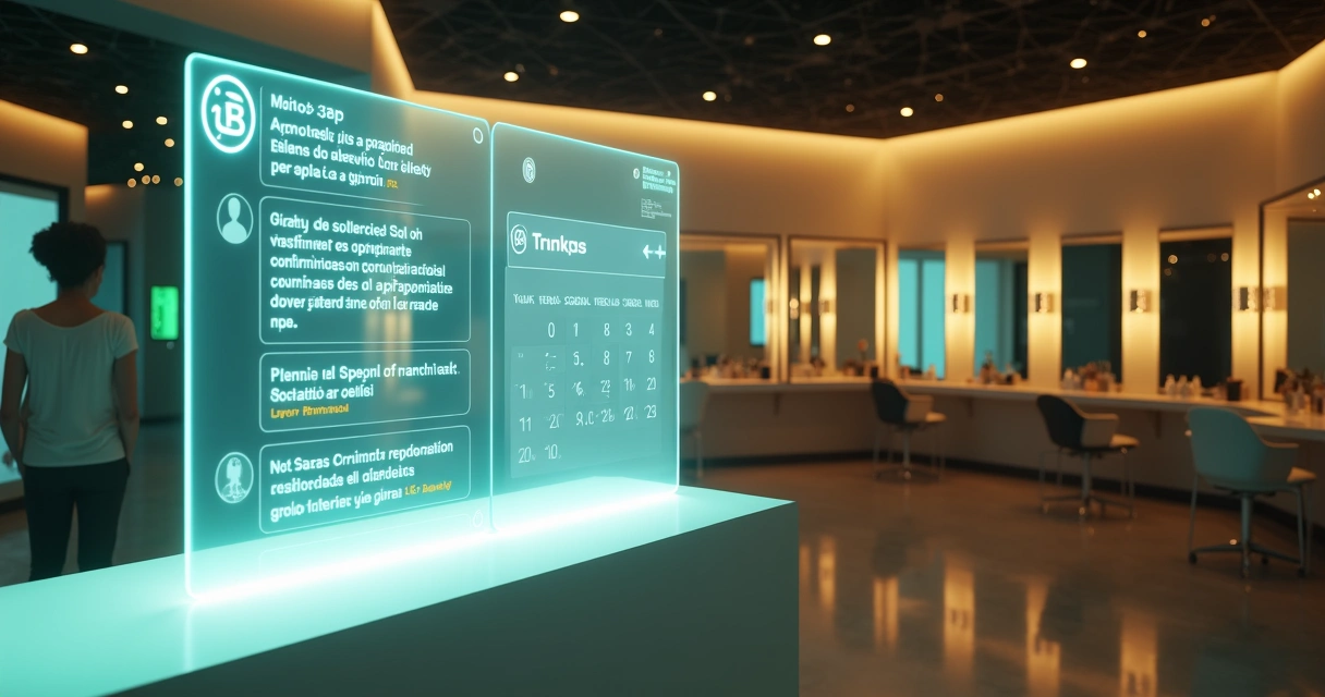Painel gigante exibindo integração de IA entre WhatsApp e Trinks em salão de beleza futurista 