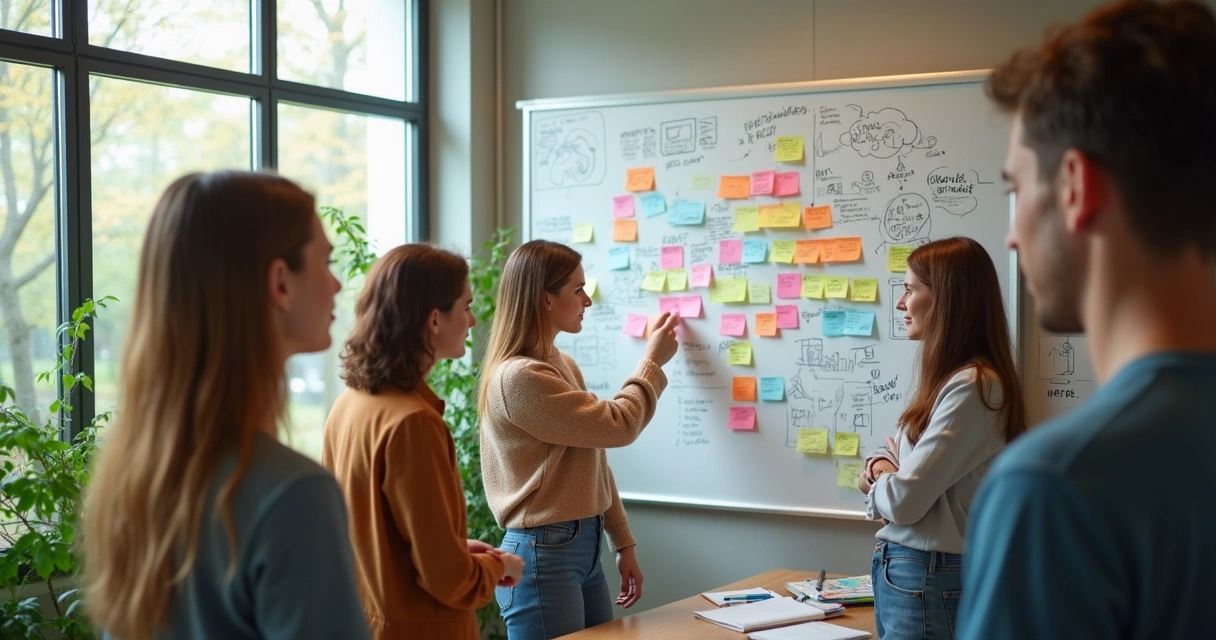 Painel com post-its e equipe colaborando de forma aberta