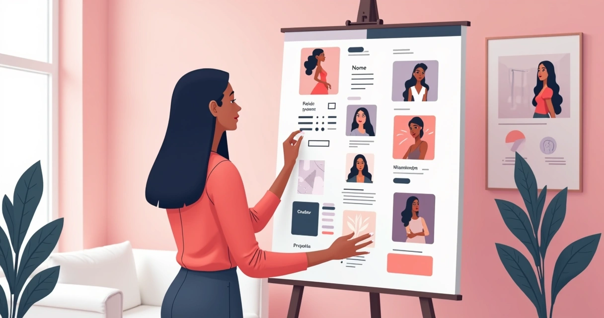 Painel de quadros com elementos de identidade visual feminina diversos 