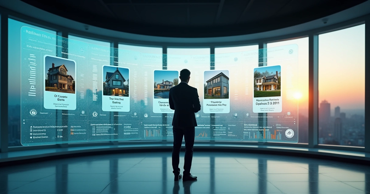 Painel digital exibindo imóveis de leilão e indicadores de segurança e rentabilidade 