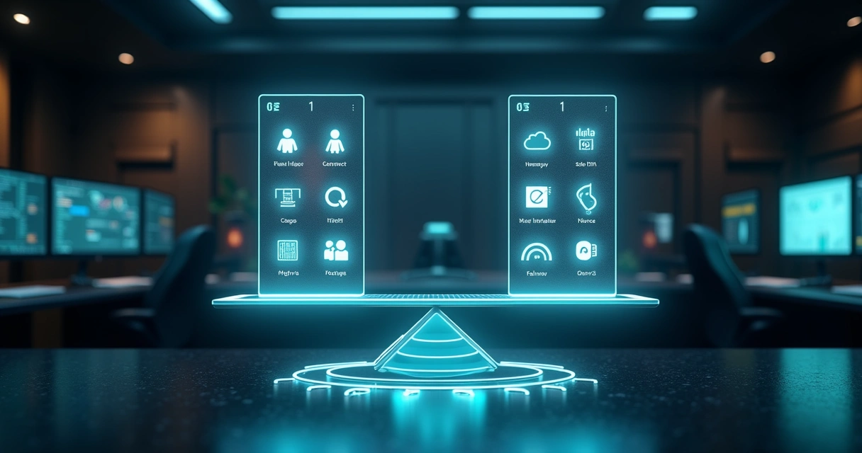 Sala escura com painel digital exibindo ícones de tecnologia equilibrados em balança luminosa 