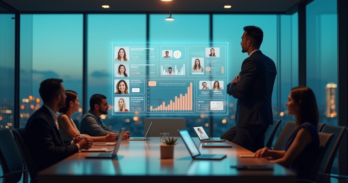 Líder observa painel digital com indicadores humanos em ambiente de trabalho híbrido 