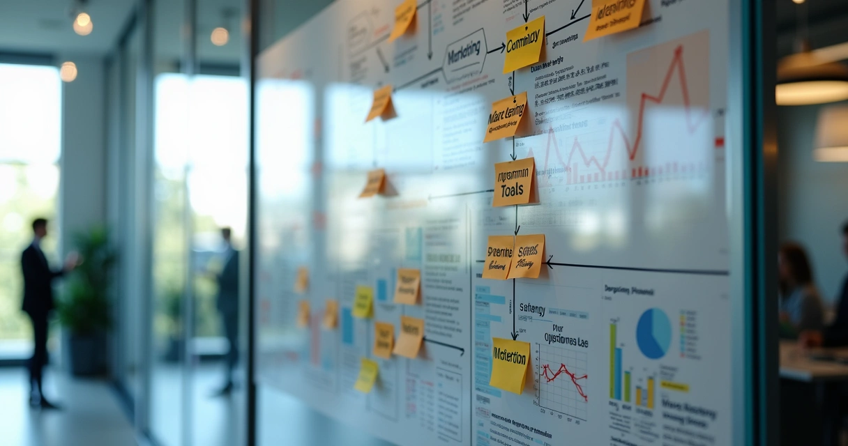 Painel com metas conectando áreas da empresa 