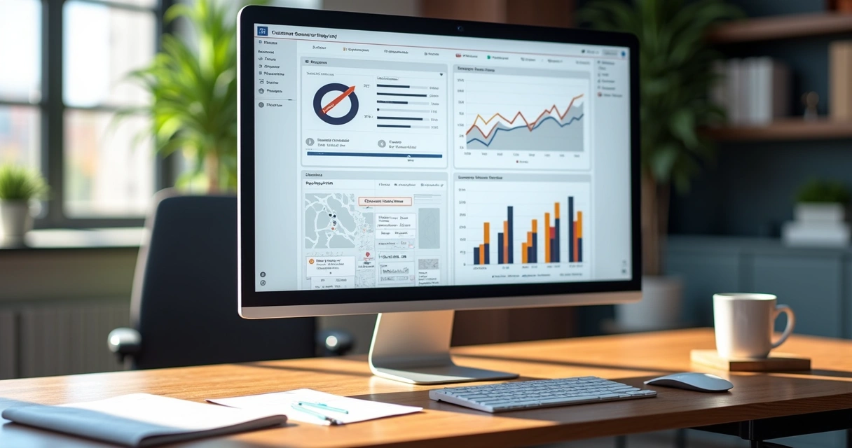 Painel com gráficos detalhados de atendimento digital em tela ampla 