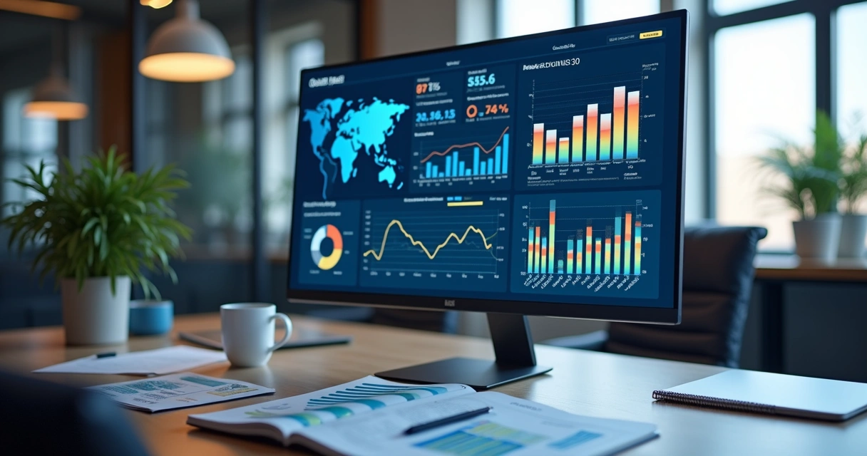 Painel de BI com gráficos e métricas em monitor corporativo 