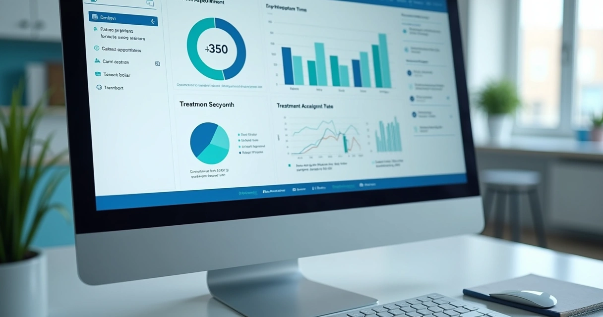 Painel com indicadores de atendimento odontológico em computador
