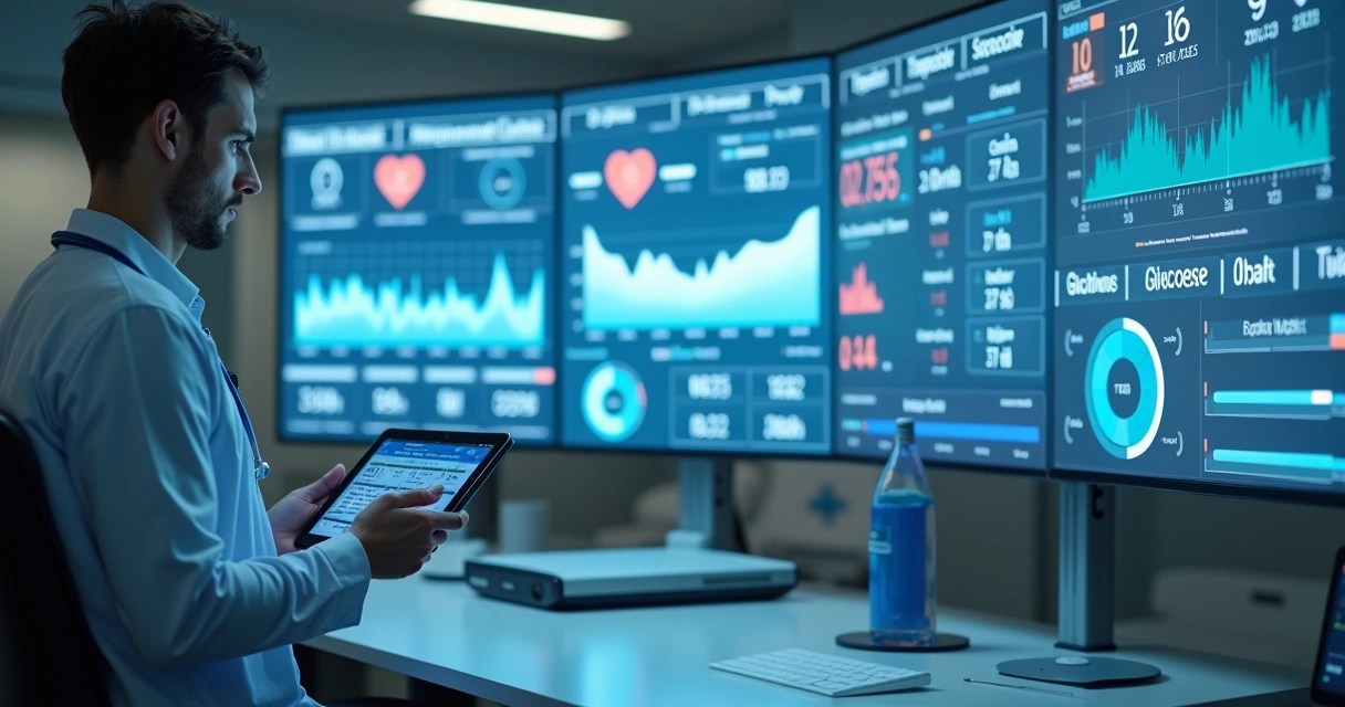 Painel digital com indicadores clínicos e profissional de saúde 