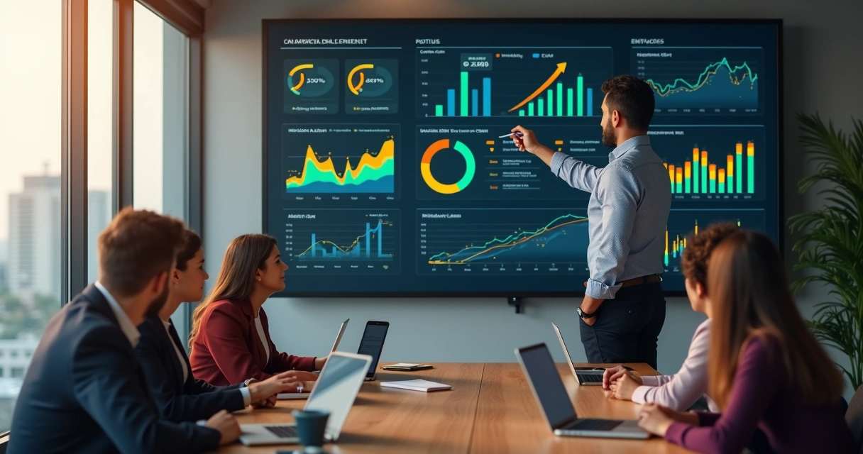 Gestor analisa painel com indicadores comerciais em gráficos coloridos 