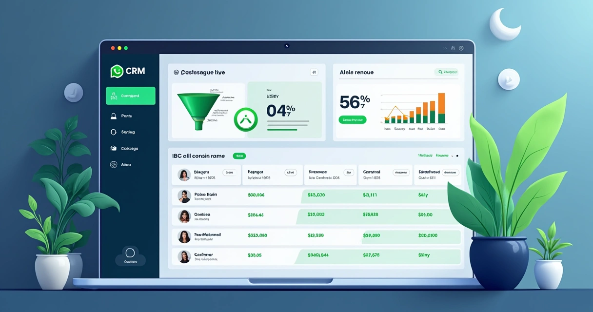 Painel mostrando indicadores do CRM no WhatsApp, com gráficos de funil, taxa de conversão e receita distribuída por etapas