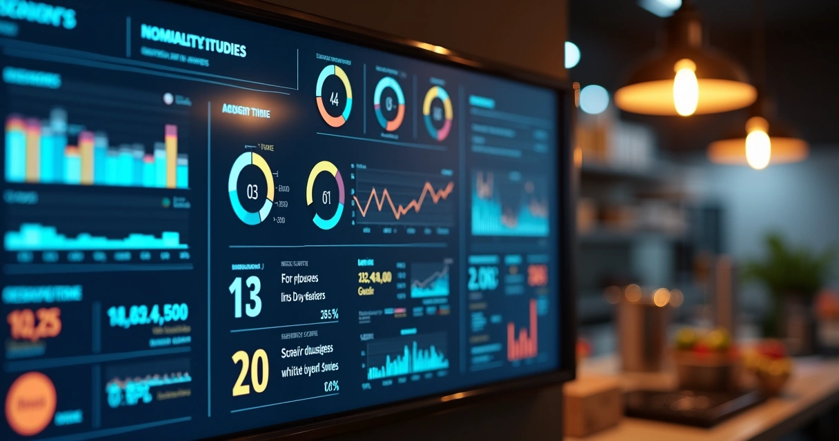 Painel digital de indicadores de desempenho em dark kitchen, com gráficos e alertas. 