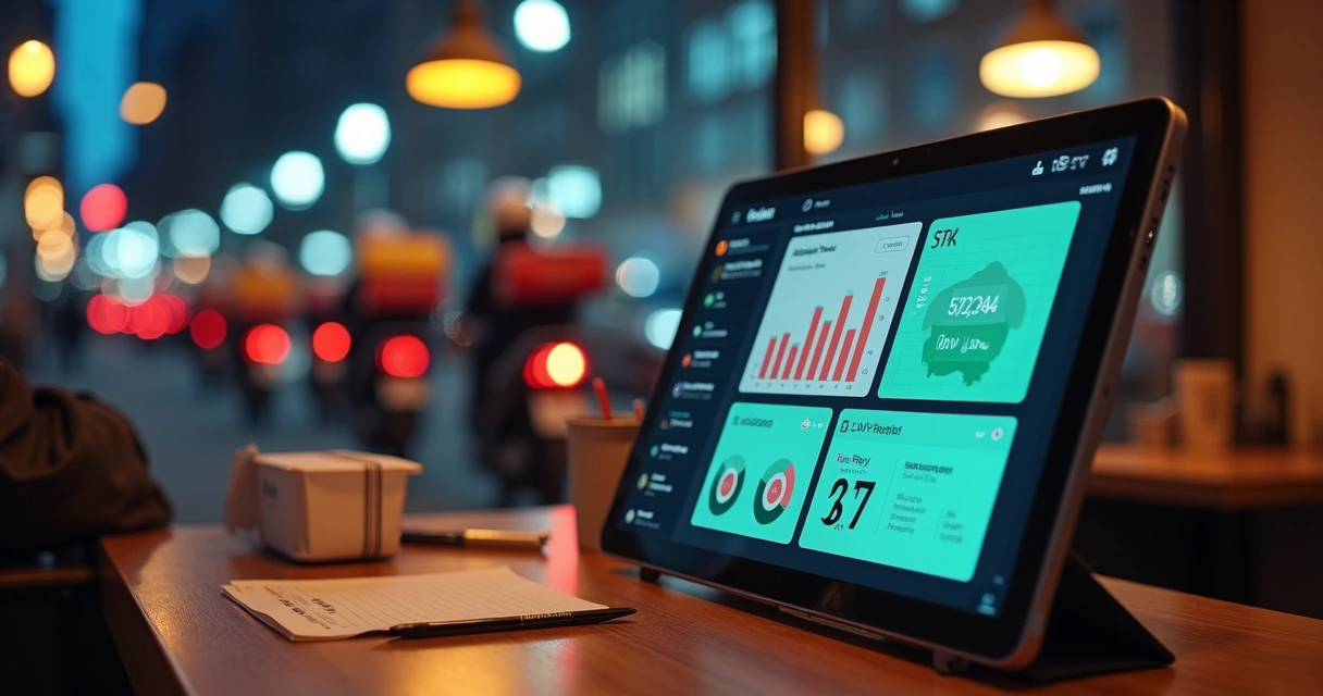 Painel com indicadores de vendas em tempo real para delivery em tablet sobre balcão 
