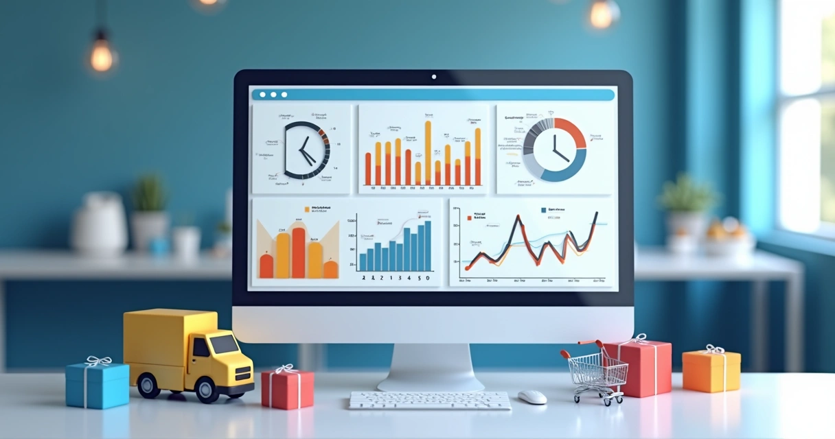 Painel de indicadores do e-commerce, gráficos coloridos em destaque