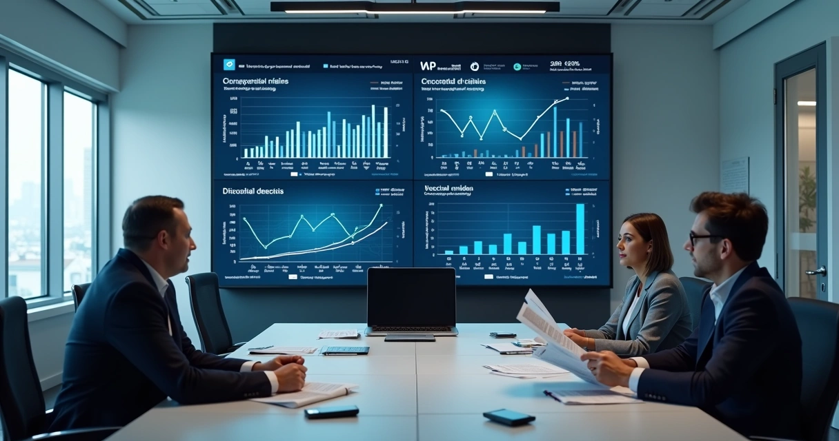 Painel com gráficos econômicos e reunião executiva 