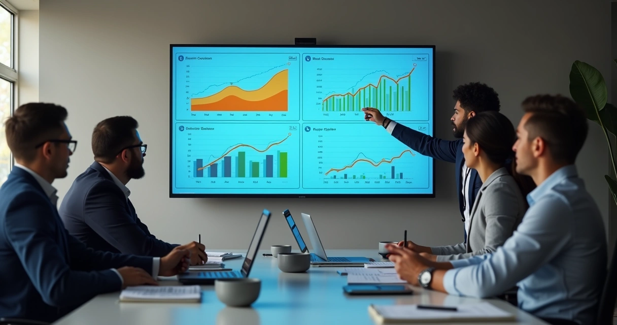 Painel com gráficos e KPIs em reunião de empresa 