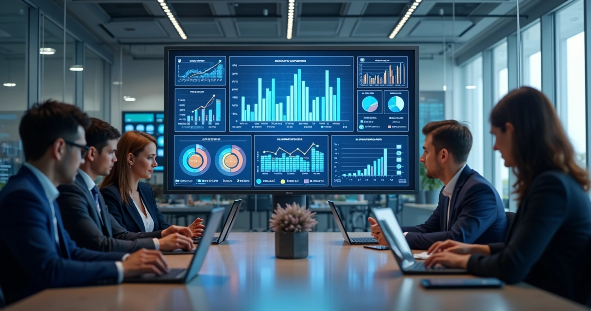 Painel digital com gráficos e KPIs em exibição 