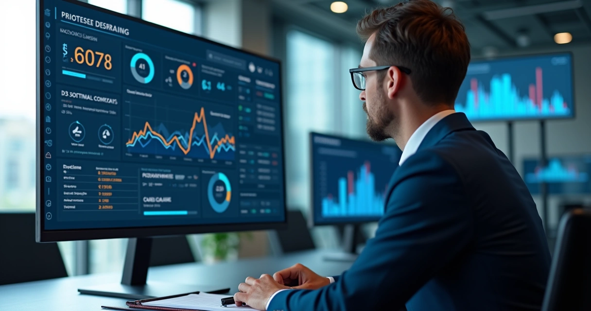 Painel digital com indicadores financeiros e pessoa observando dados