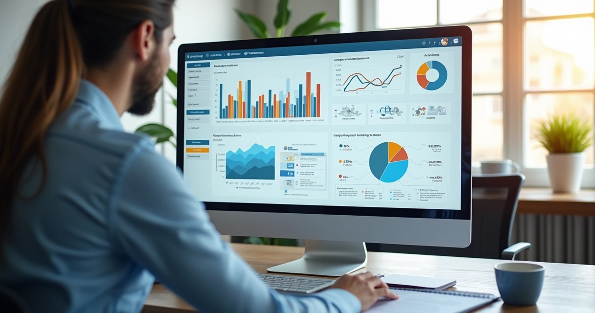 Painel com gráficos de vendas, estoque e financeiro em escritório