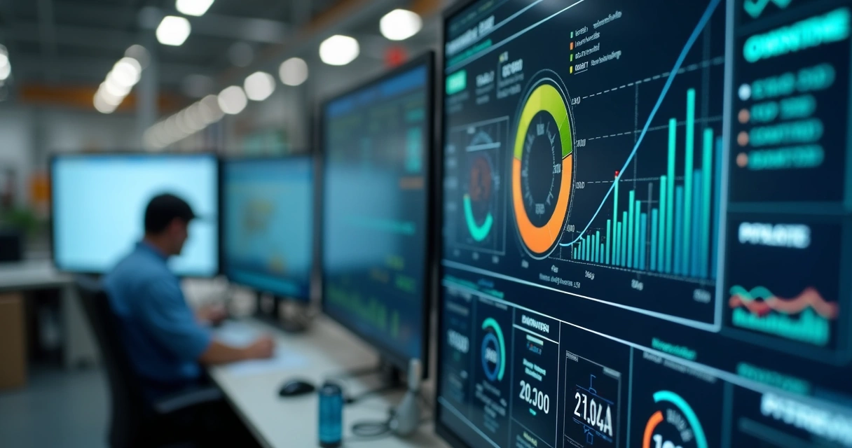 Painel digital com indicadores operacionais em ambiente industrial 