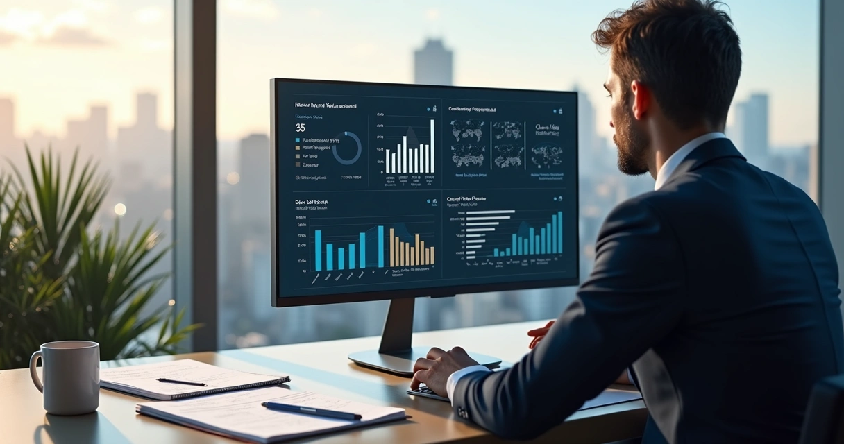 Painel digital com múltiplos gráficos de indicadores financeiros 