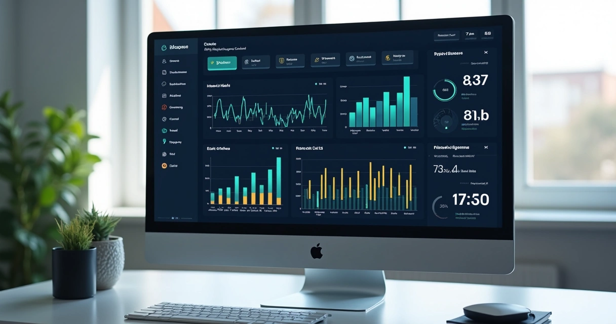 Painel digital com gráficos e indicadores de fluxo de caixa em tela de sistema ERP 