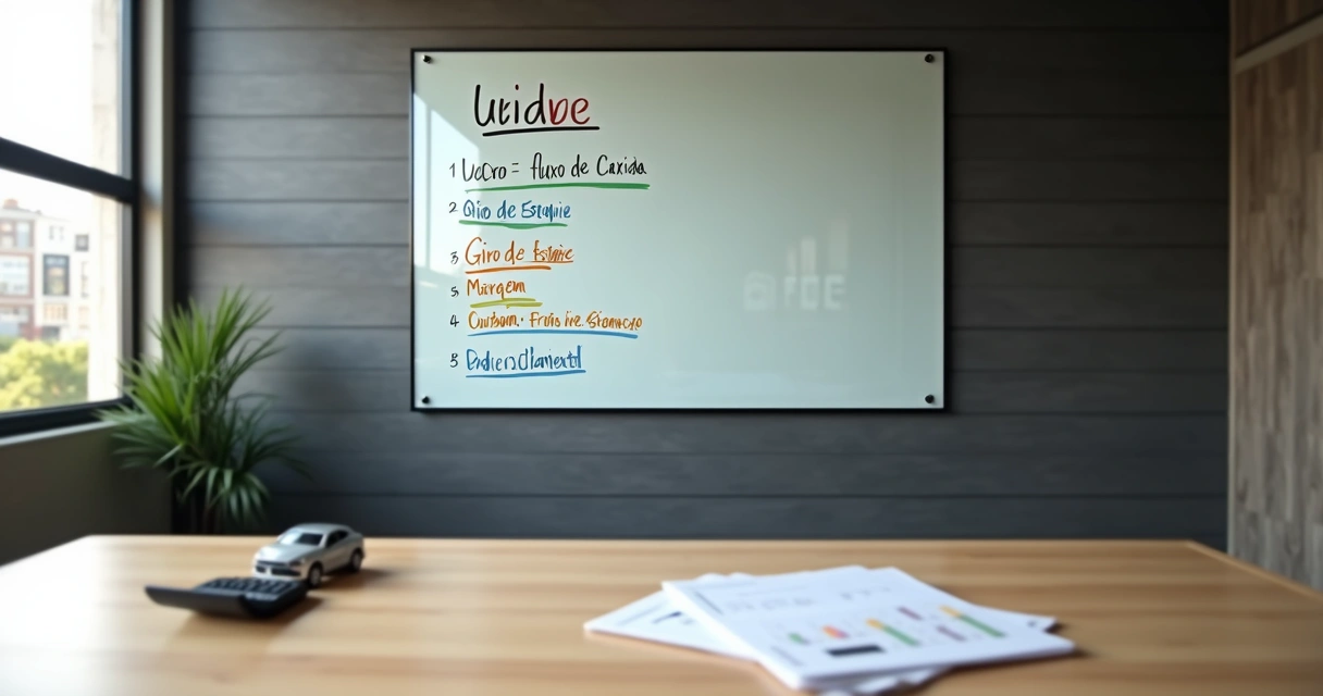 Quadro com cinco indicadores financeiros ao lado de silhueta de carro em miniatura 