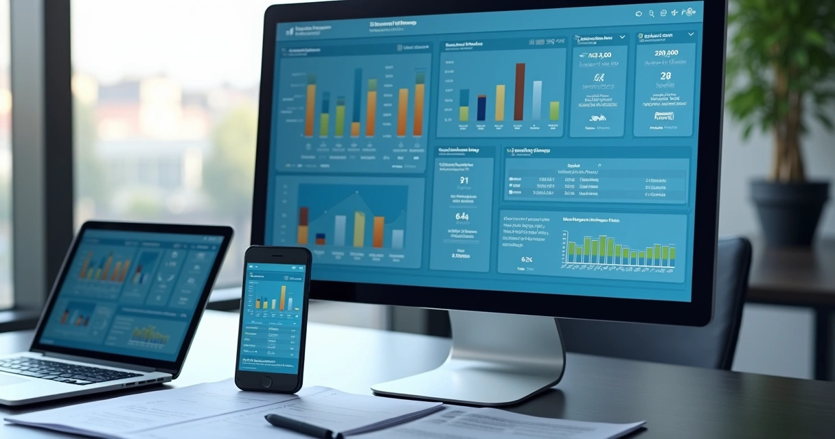 Painel digital com indicadores de gestão e tarefas integradas