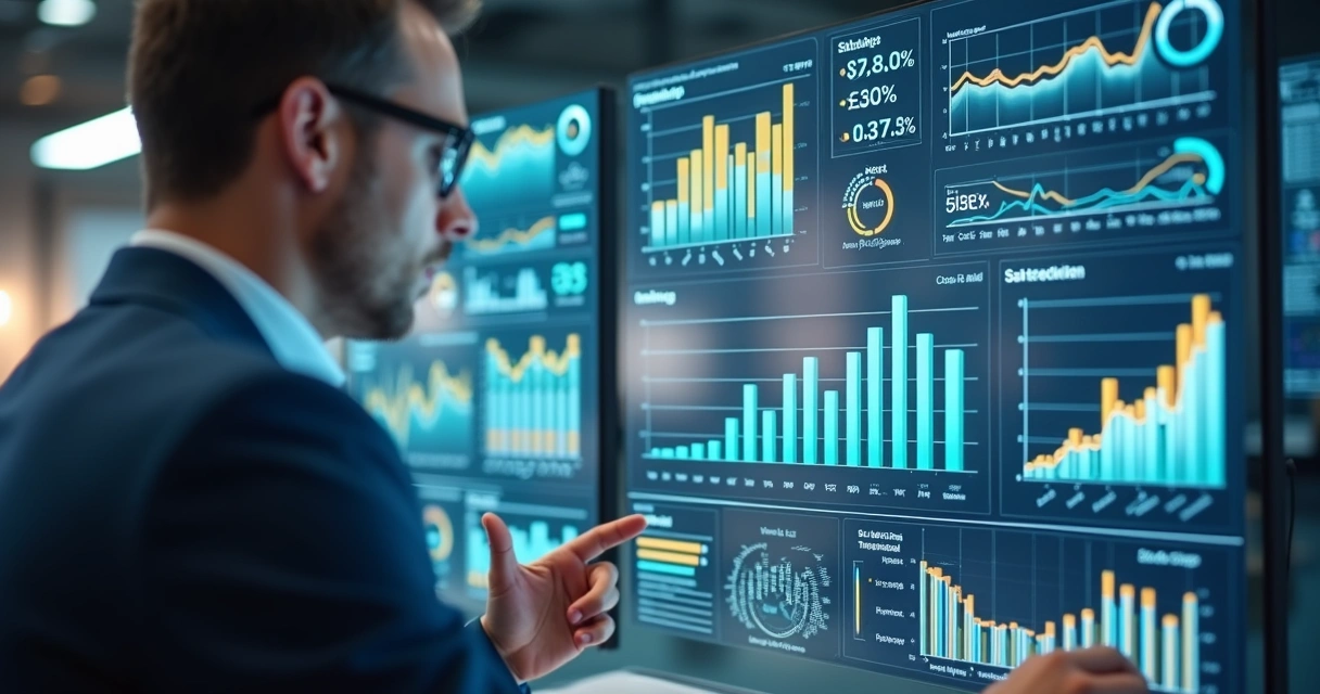 Gestor olhando painel de indicadores de gráfica digital 