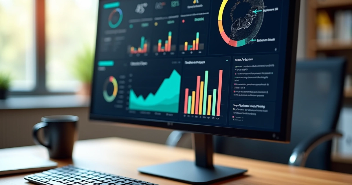 Painel de indicadores de IA com gráficos coloridos sobre mesa de escritório 