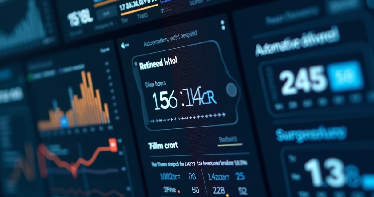 Painel de indicadores de IA com gráficos, números e sinais de alerta em tela escura