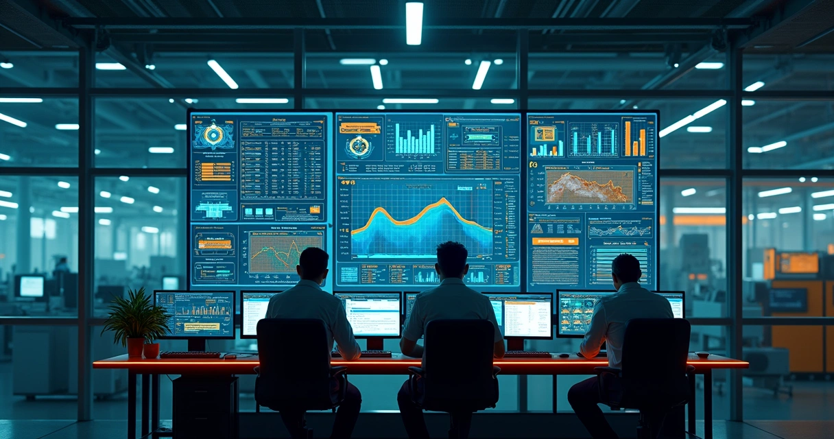 Painel digital com gráficos de KPIs industriais e setas de desempenho.