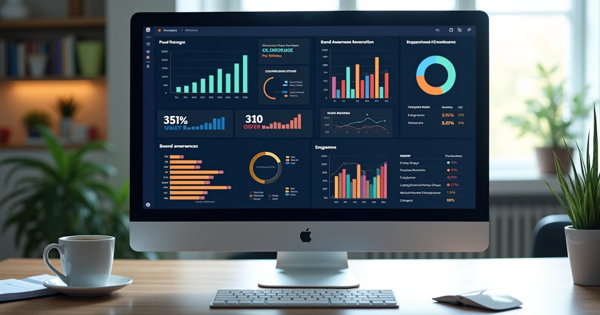 Tela de computador exibindo gráficos de KPIs de marca e desempenho digital