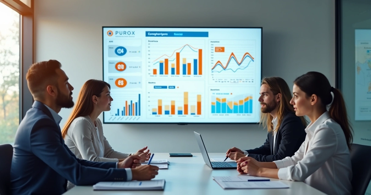 Painel com gráficos de marketing e metas em reunião 