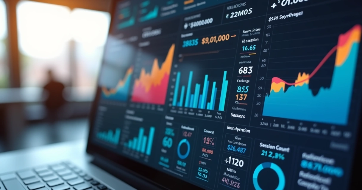 Painel digital de indicadores de marketing em tela com gráficos coloridos 