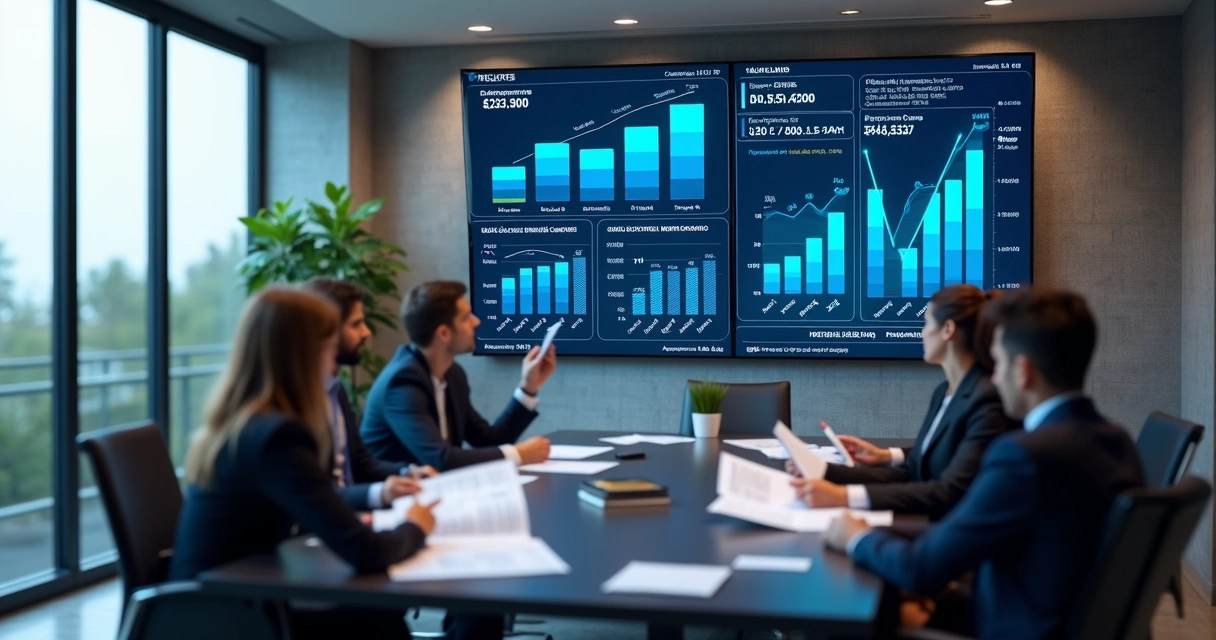Painel com gráficos econômicos e reunião executiva 