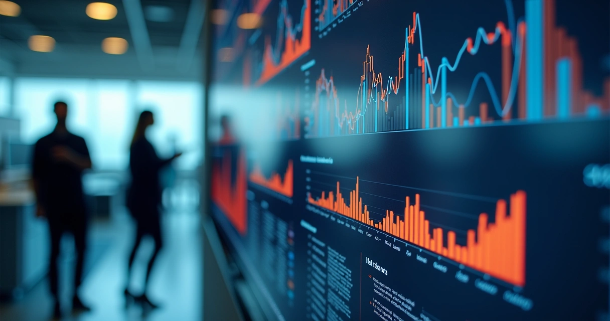 Painel com diversos indicadores de processos, números e gráficos em uma tela digital
