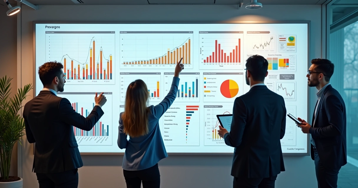 Painel de indicadores de projeto em parede de escritório 
