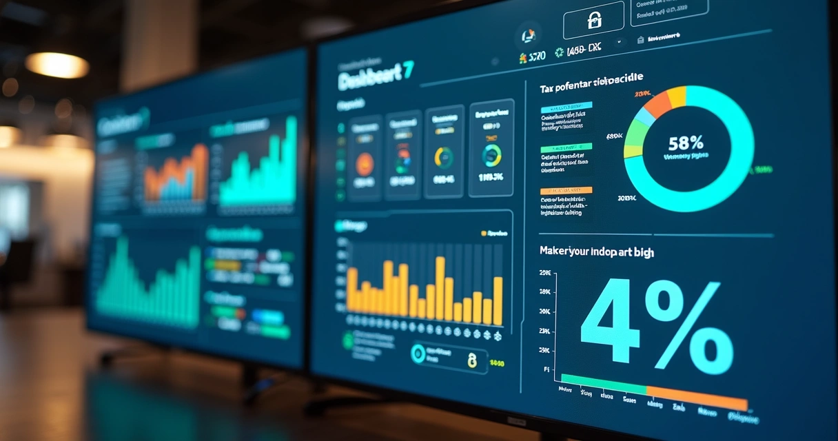Painel digital exibe indicadores tributários com gráficos coloridos sobre Reforma Tributária.