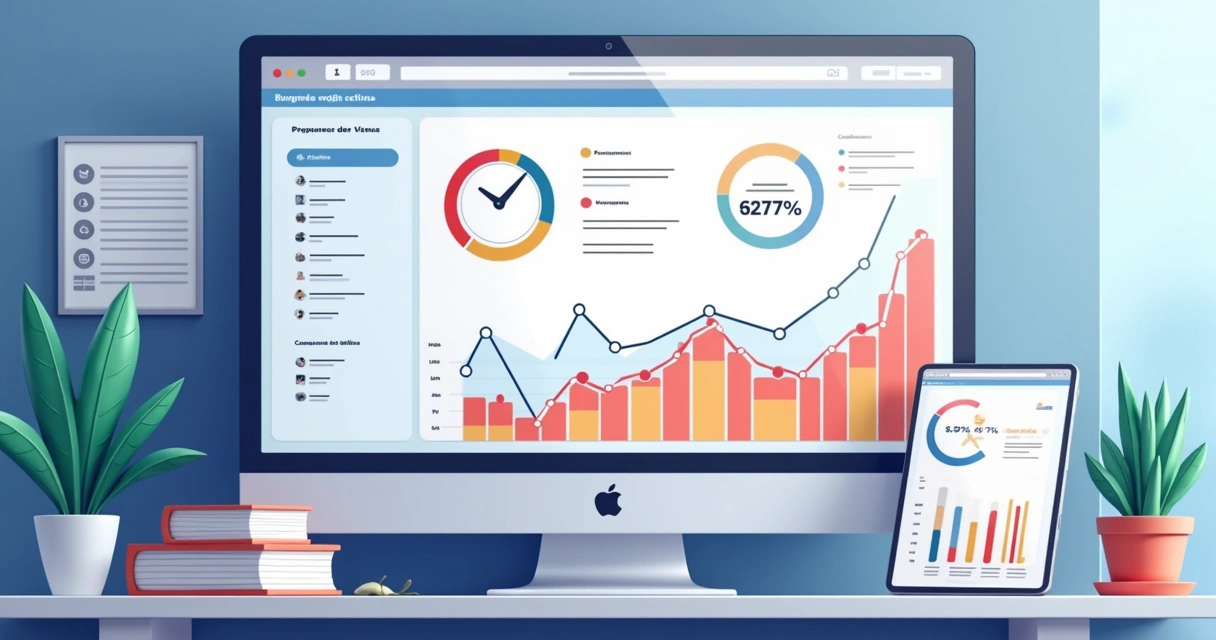 Painel digital mostrando gráficos de desempenho, tarefas concluídas e metas atingidas 