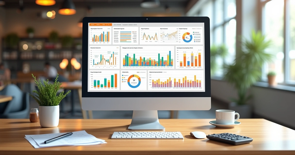 Painel de indicadores financeiros em restaurante 