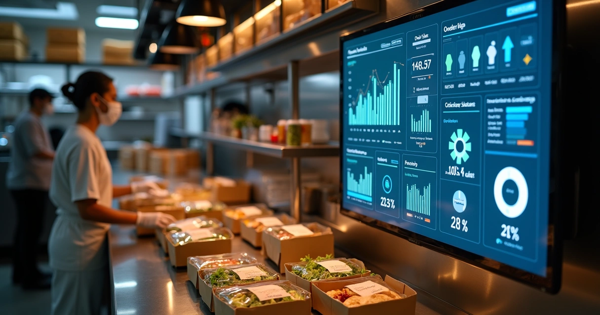 Painel de métricas digitais ao lado de estação de preparo de delivery 