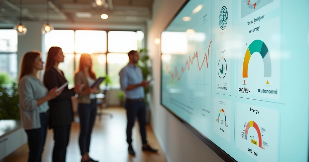 Painel digital com indicadores de saúde emocional em escritório moderno 