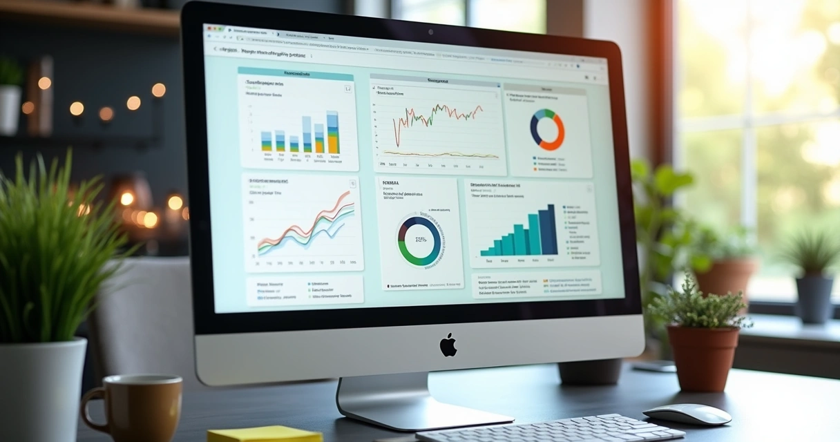 Painel com gráficos de indicadores semanais em tela de computador 