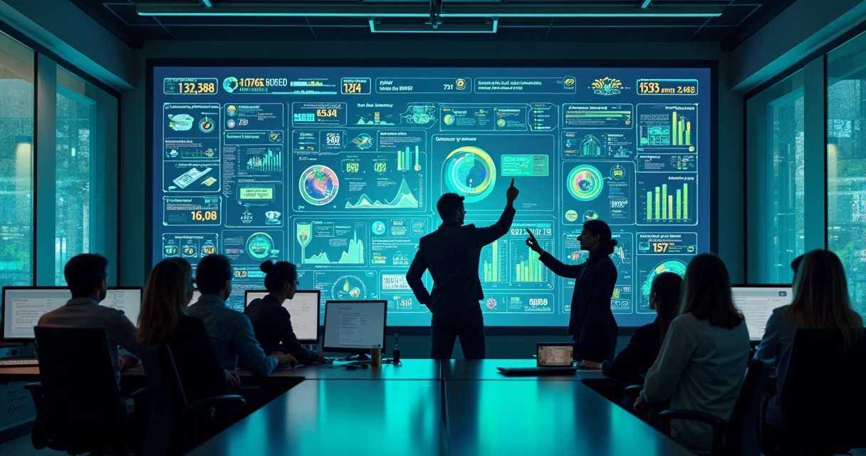 Painel digital com KPIs e indicadores de projetos de software.