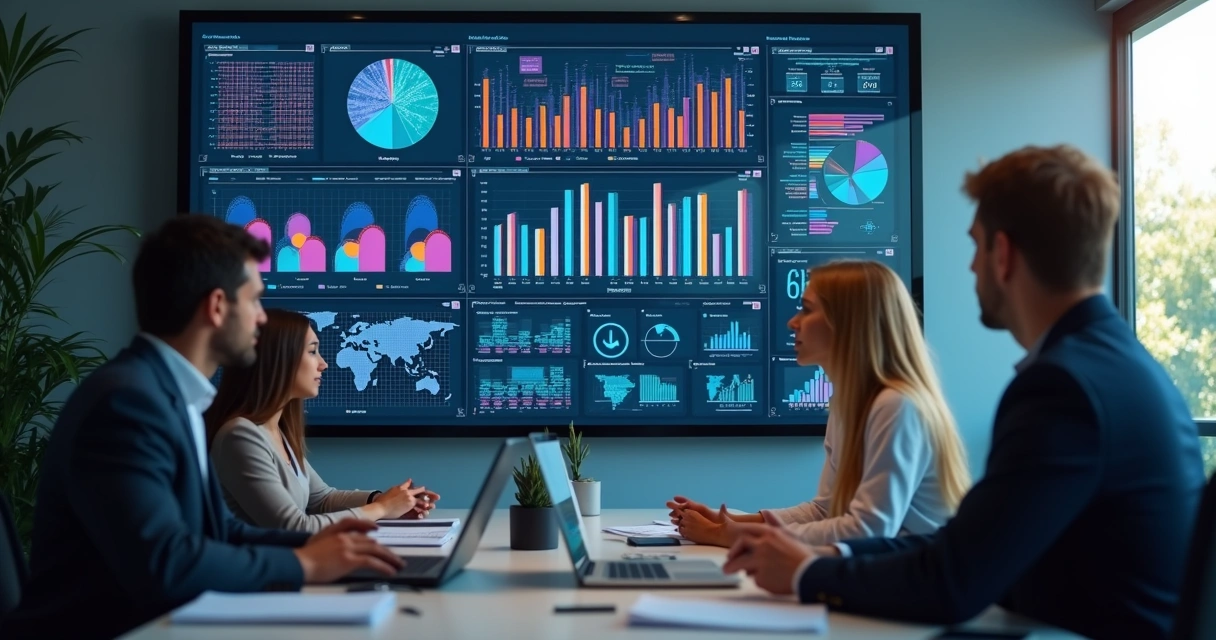 Painel digital de indicadores de TI com gráficos coloridos em tela grande, equipe observando e discutindo. 